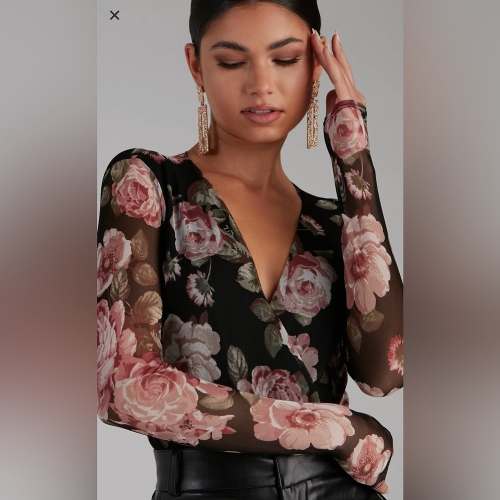 Autumn Roses Plunge Surplice Mesh Bodysuit